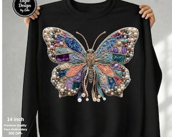 Patchwork Butterfly PNG, Faux Embroidery Clipart, Boho Cottagecore Design (Digital Download)