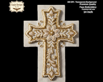 Faux Embroidery Floral Cross PNG, Victorian Gold Thread Linen Clipart (Digital Download)