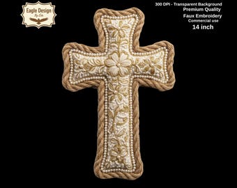 Faux Embroidery Rope Cross PNG, Coastal Farmhouse Jute Floral Clipart (Digital Download)
