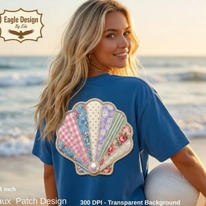 PNG de concha marina en patchwork, gráfico de bordado floral para colcha, diseño de perlas costeras (descarga digital)