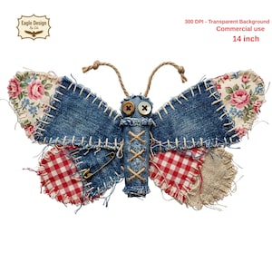 Könnte beinhalten: Handgefertigte Schmetterlingsdekoration aus Jeans-, Blumen- und Vichystoffen. Die Flügel sind 35,56 cm breit und haben ein Patchwork-Design mit sichtbaren Nähten. Der Körper hat Knopfaugen und eine Sicherheitsnadel. Der Text "300 DPI - Transparent Background Commercial use" ist sichtbar.