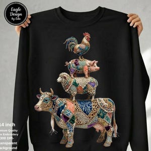 パッチワーク風の積み重ねられた農場の動物のPNG画像、フェイク刺繍シャツデザイン（デジタルダウンロード）