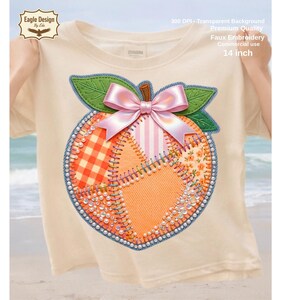 Patchwork Peach PNG, Coquette Bow Faux Embroidery, Denim Patch Fruit PNG, Sublimation DTF Design