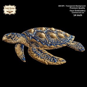 Bordado de tortuga marina en formato PNG, diseño de concha de ostra azul marino dorado (descarga digital).