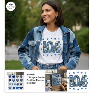 Denim LOVE PNG Bundle, Blumenherz Patchwork, 17 Upcycled Denim Patches (Digital Download
