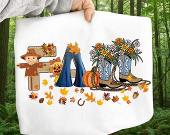 Western Fall PNG: Cowgirl Boots, Flowers, and Scarecrow (Digital Download)
