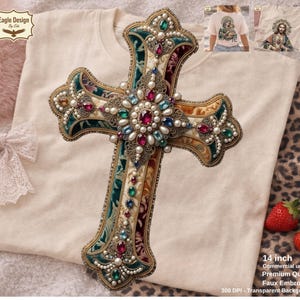 装飾的なパッチワーククロスPNG、フェイク刺繍Tシャツデザイン、デジタルダウンロード