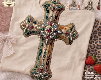 Verziertes Patchwork-Kreuz PNG, Faux-Stickerei-T-Shirt-Design, digitaler Download