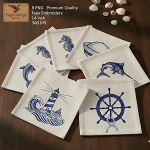 Nautical Faux Embroidery PNG Bundle, Coastal Home Decor (Digital Download)