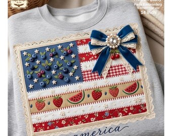 Bandiera patriottica ricamata in finta PNG, stampa digitale con inserti in pizzo e patchwork di frutta (35,5 cm)