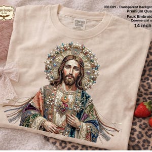 Patchwork Jesus PNG Faux Broderi Heligt Hjärta, Religiös T-shirt Design DTG Sublimering Digital Nedladdning