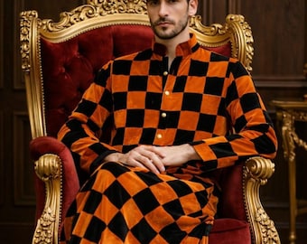 Luxury Handmade Velvet Patchwork Kaftan Coat, Vintage Men Long Robe