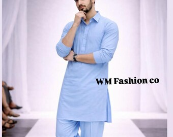 Men's Light Blue Cotton Pathani Suit Set, Traditional Kurta Pajama, Festive Wear