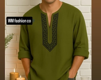 Handmade Men’s Olive Linen Kurta | Custom Boho Embroidered Tunic | Personalized Gift
