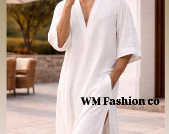 Men's Pure Linen Kaftan Robe, White V-Neck Loose Flowing Beach Resort Wear