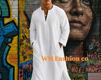 Men's Pure Linen Kaftan Robe, White V-Neck Loose Flowing Beach Resort Wear