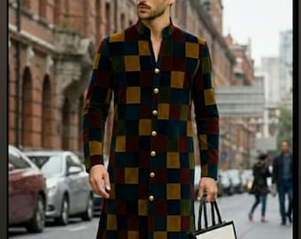 Men’s Velvet Patchwork Kaftan Coat – Vintage Handmade Long Jacket Boho Ethnic Winter Wear