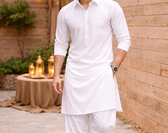 White Pathani Suit for Men | Eid Kurta Pajama | Muslim Festival Traditional Wear