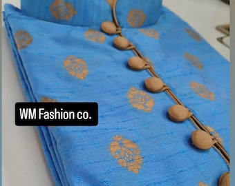 Men’s Turquoise Silk Jacquard Kurta Pajama Set with Motifs – Wedding Wear