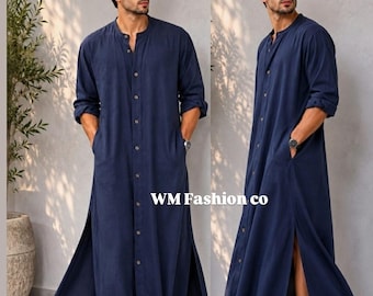 Man blue Kaftan Robe, Linen Style Boho Tunic, Long Sleeve Flowing Lounger