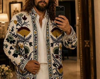 Men's Jason Momoa White Velvet Embroidered Jacket, Floral Wedding Blazer for Men