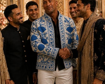 Men's White Velvet Embroidered Jacket, Blue Floral Wedding Blazer for Men