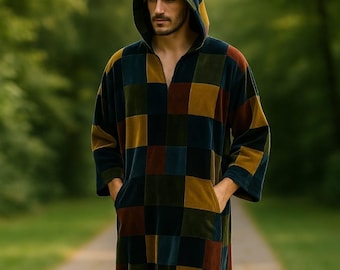 Handmade  Velvet Hooded Kaftan for Men | Warm Patchwork Robe | Winter Loungewear