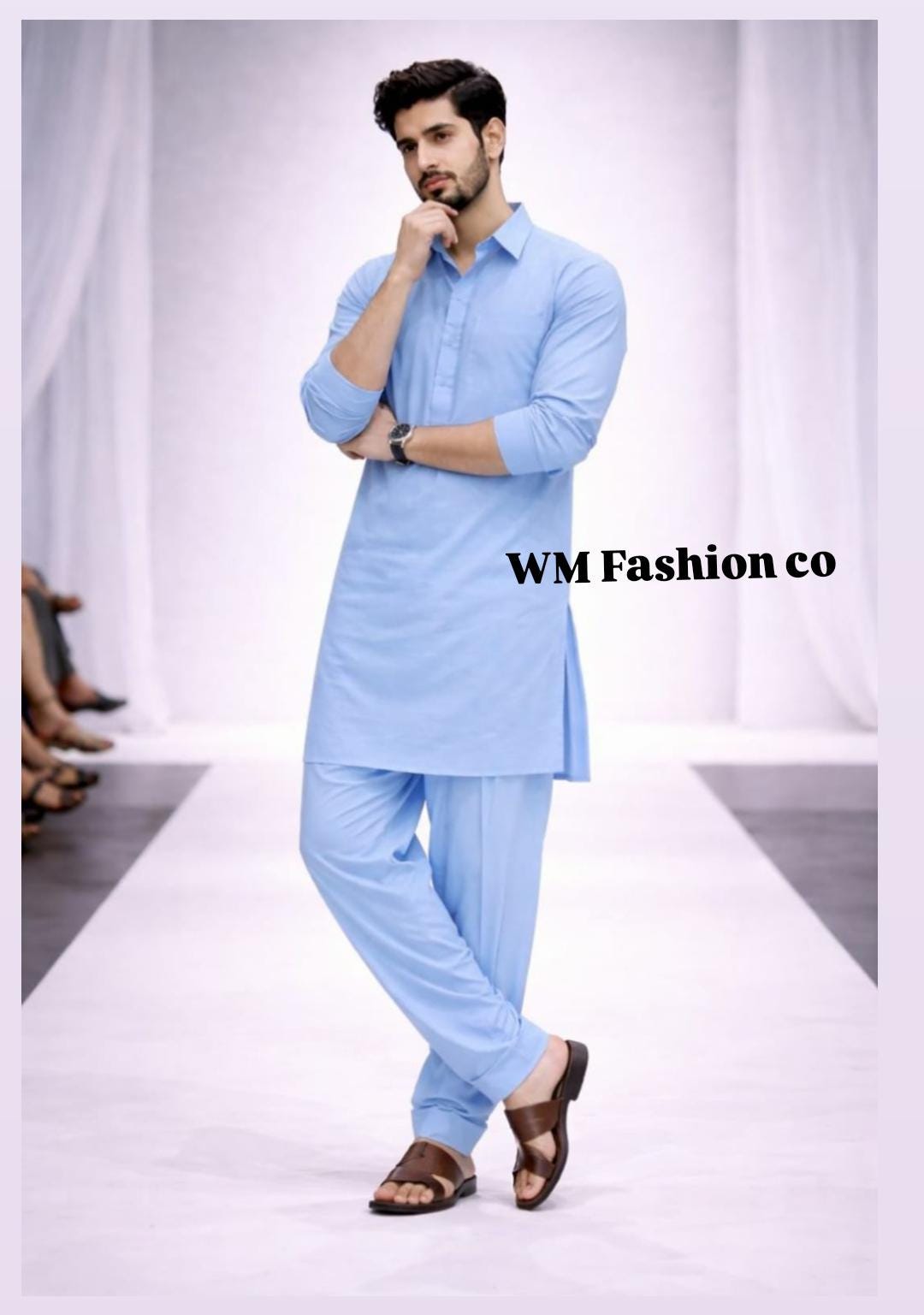 Men's Light Blue Cotton Pathani Suit Set, Traditional Kurta Pajama, Festive Wear