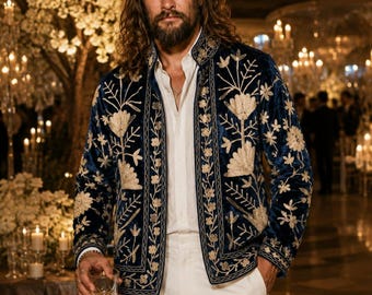 Navy Blue Velvet Embroidered Jacket, Men's Floral Wedding  Wear Blazer