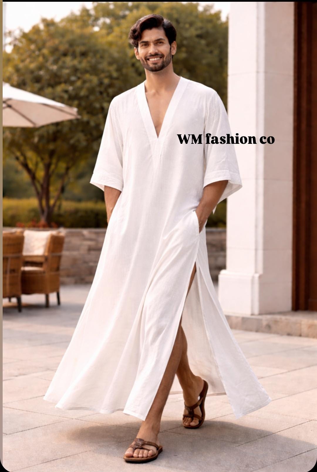 Men's Pure Linen Kaftan Robe, White V-Neck Loose Flowing Beach Resort Wear