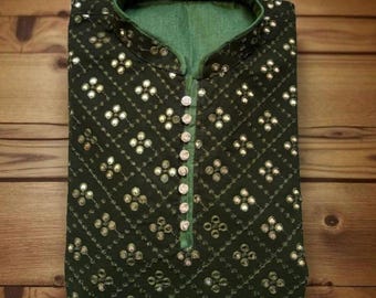 Men's Olive Green Mirror Work Kurta Set: Indian Wedding Outfit