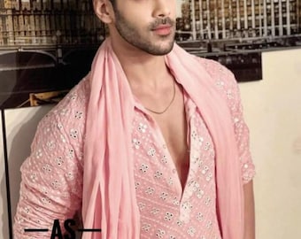 Stylish Men's Pink Embroidered Kurta with Scarf | Traditional & Elegant Indian Wear