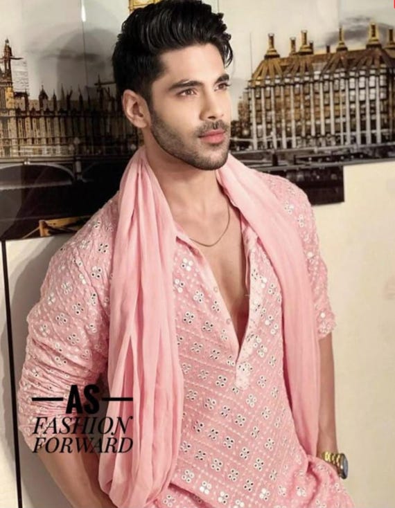 Stylish Men's Pink Embroidered Kurta with Scarf | Traditional & Elegant Indian Wear