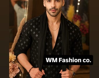 Men’s Black Mirror Work Kurta Set with Scarf  Pant | Indian Wedding | Festival Outfit