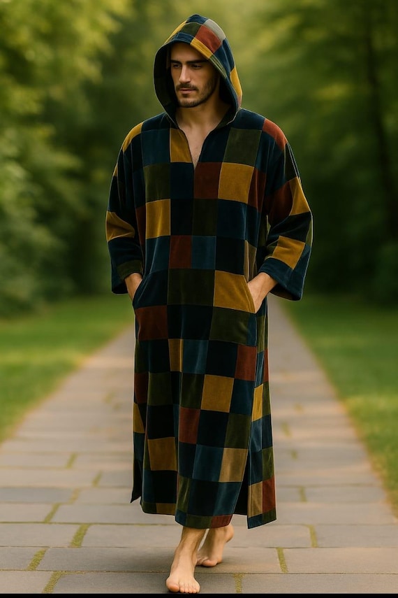 Handmade  Velvet Hooded Kaftan for Men | Warm Patchwork Robe | Winter Loungewear