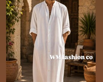 Men's White Linen Kaftan: Boho Resort Wear, Full Length, Loose Fit