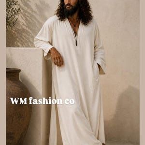 Men's Pure Linen Kaftan Robe, White V-Neck Loose Flowing Beach Resort Wear image 4