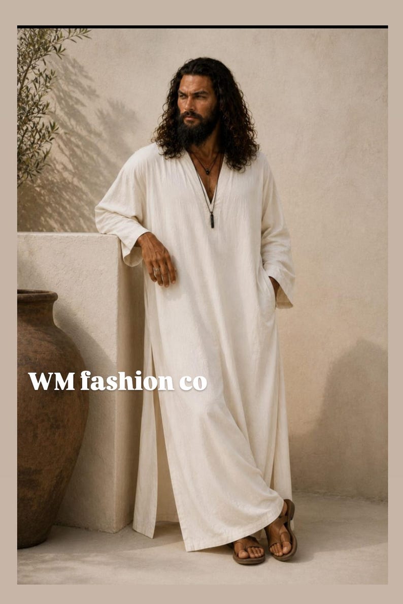 Men's Pure Linen Kaftan Robe, White V-Neck Loose Flowing Beach Resort Wear image 4
