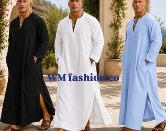 Men's Pure Linen Kaftan Robe, White V-Neck Loose Flowing Beach Resort Wear