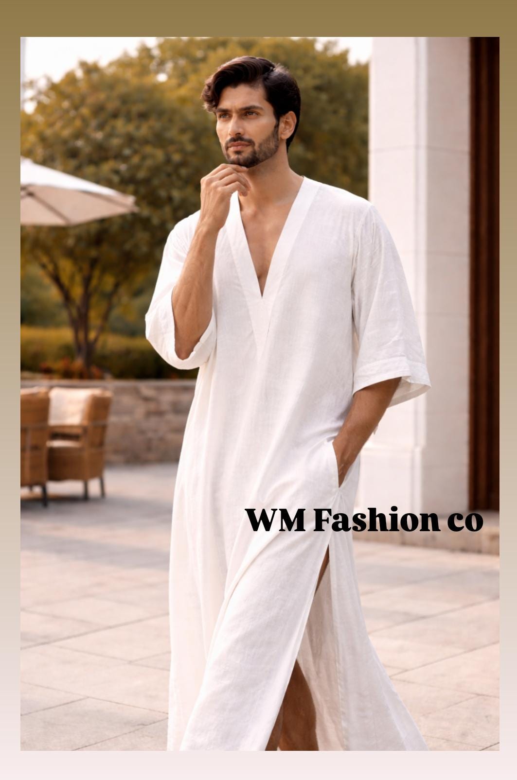 Men's Pure Linen Kaftan Robe, White V-Neck Loose Flowing Beach Resort Wear