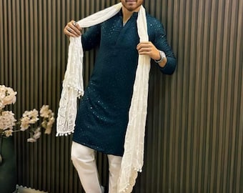Men's Navy Blue Kurta Pajama with White Scarf | Traditional Wedding & Festive Wear