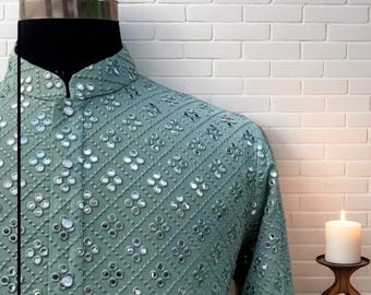 Men's Green Mirror Work Kurta Pajama Set: Indian Diwali Outfit