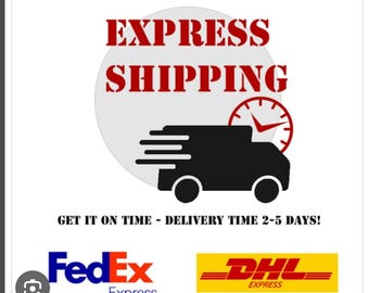 Może przedstawiać: Grafika z czerwonym napisem EXPRESS SHIPPING nad czarną sylwetką samochodu dostawczego z liniami ruchu i czerwoną ikoną zegara. Poniżej znajduje się tekst GET IT ON TIME - DELIVERY TIME 2-5 DAYS oraz logotypy firm FedEx i DHL Express.