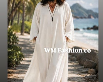 Men's Pure Linen Kaftan Robe, White V-Neck Loose Flowing Beach Resort Wear