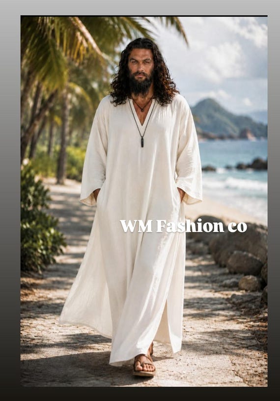 Men's Pure Linen Kaftan Robe, White V-Neck Loose Flowing Beach Resort Wear