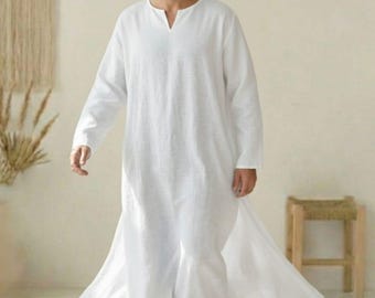 Man white Linen Kaftan thobe Handmade Boho Summer Robe long caftan thobe