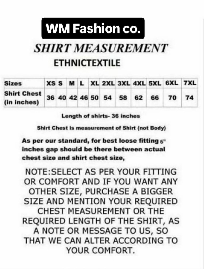 Puede incluir: Un gr&aacute;fico blanco con texto negro de WM Fashion co. muestra las medidas de las camisas en pulgadas. Las tallas van de XS a 7XL, con medidas de pecho de 91.4 a 188 cm. La longitud de la camisa es de 91.4 cm.