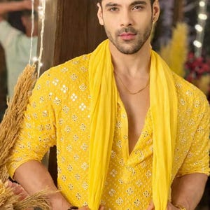 Gul spegel Kurta Herr, Haldi Ceremoni Outfit, Bröllopsfestkläder