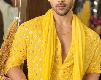 Yellow Mirror Work Kurta Men, Haldi Ceremony Outfit, Wedding Festive Wear