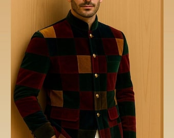 Vintage Handmade Velvet Patchwork Jacket for Men | Retro Designer Coat